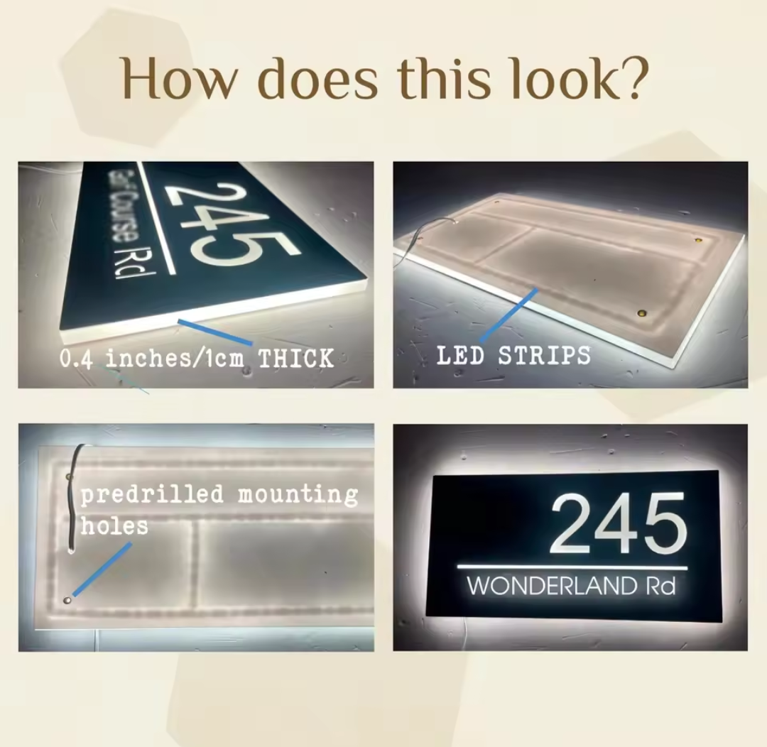 Custom White LED light up House Letterbox Address Sign - Rectangle