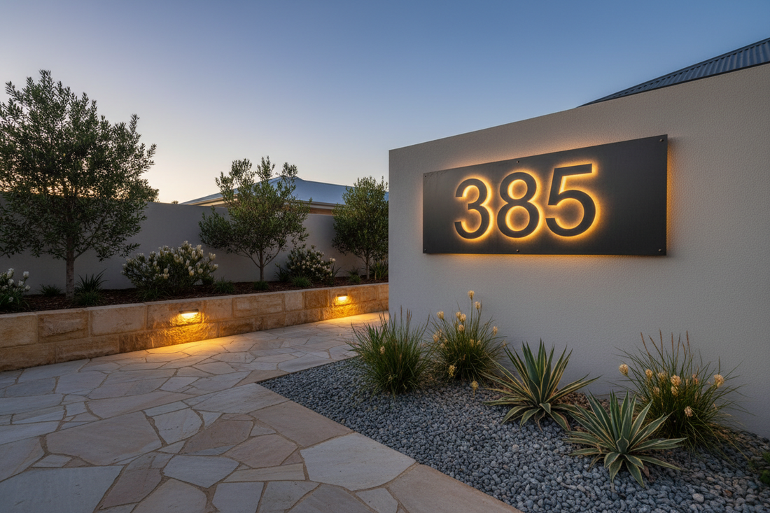 landscape decor with a large metal sign with warmly lit metal numbers and architectural lighting