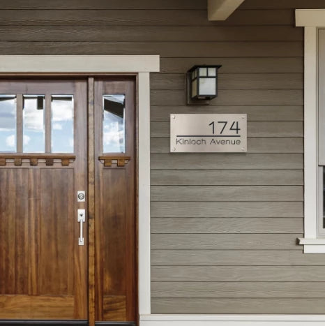 Brushed Nickel modern metal custom address sign.