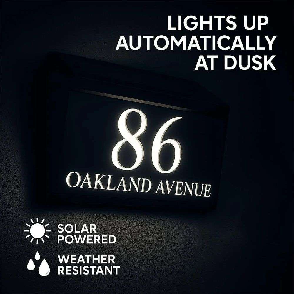 Solar-powered modern acrylic house sign glowing at dusk with custom address 86 Oakland Avenue, weather-resistant design.