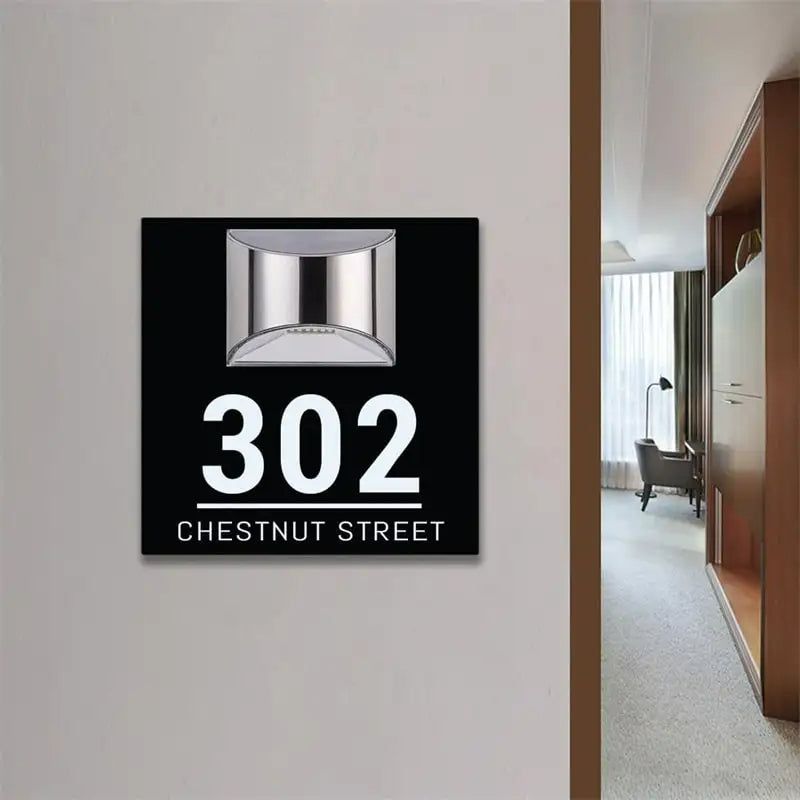 Modern square acrylic house sign with solar light, custom engraved address number 302 Chestnut Street