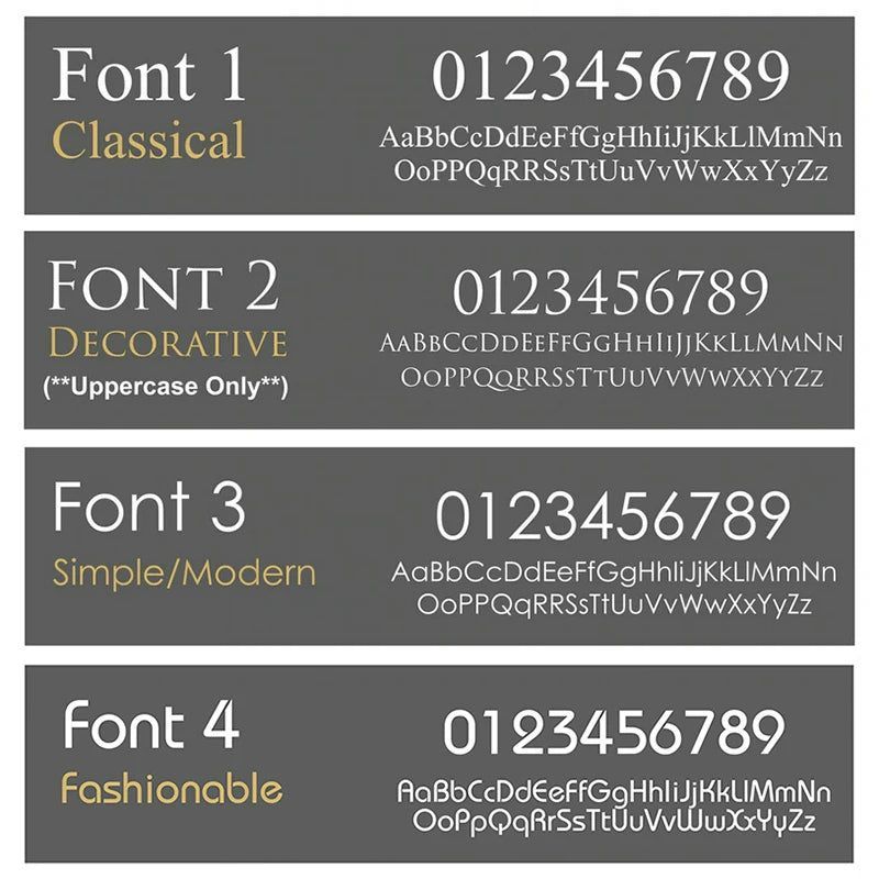 Font selection guide showing four font styles for custom solar acrylic house signs with uppercase and lowercase letters and numbers.