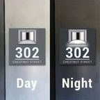 Square solar-powered acrylic address sign with LED light, displaying 302 Chestnut Street day and night views.