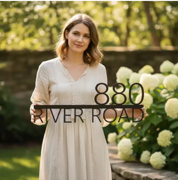 Woman holding a custom address metal sign with '880 River Road' in a garden setting