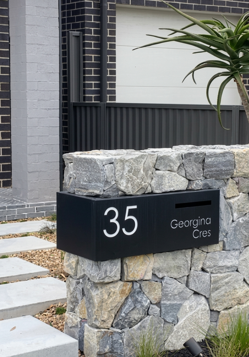 Modern black mailbox with house number and name on a stone wall.