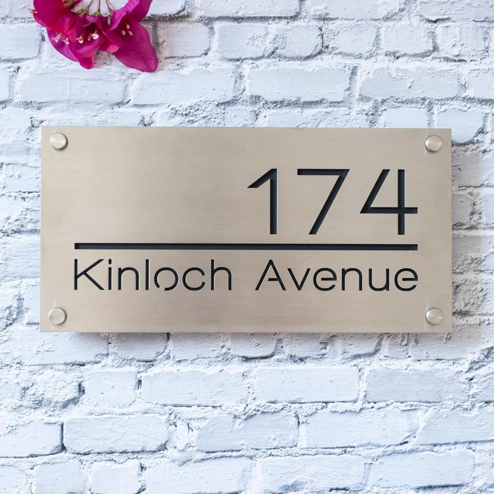 Brushed Nickel modern metal custom address sign.