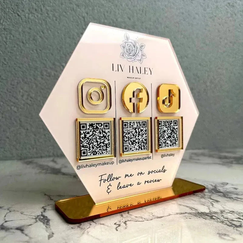 QR Business Social Acrylic Sign - Hexagon.