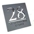 Square custom acrylic house letterbox sign with cut-out number 28 and Honeysuckle Avenue text in modern style