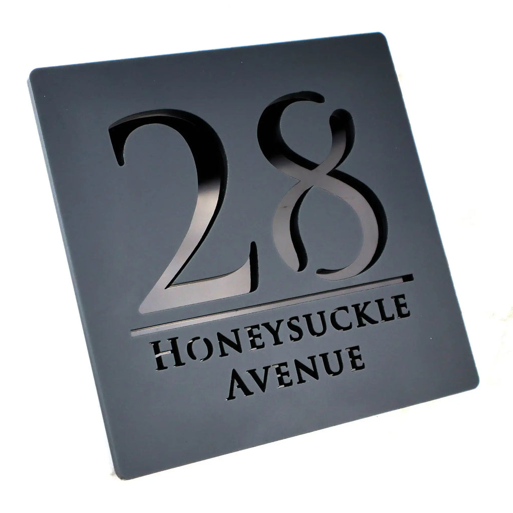 Custom black acrylic square house letterbox sign with cut-out number 28 and Honeysuckle Avenue text