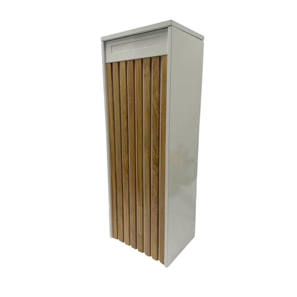 Tall Currawon Parcel Box with oak woodgrain front panel and white sides, designed for secure mail storage.