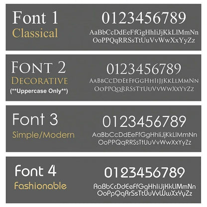 Four font style options for custom solar acrylic house sign including classical, decorative uppercase, modern, and fashionable designs.
