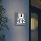 Square solar-powered acrylic house sign with illuminated address number 302 and street name Chestnut Street