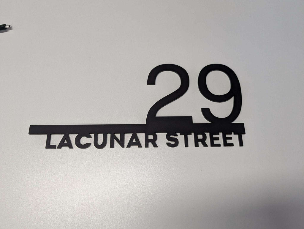 Custom modern floating house number plaque with 29 Lacunar Street in sleek black design on white background