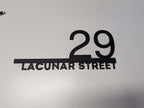Custom modern floating house number plaque with 29 Lacunar Street in sleek black design on white background