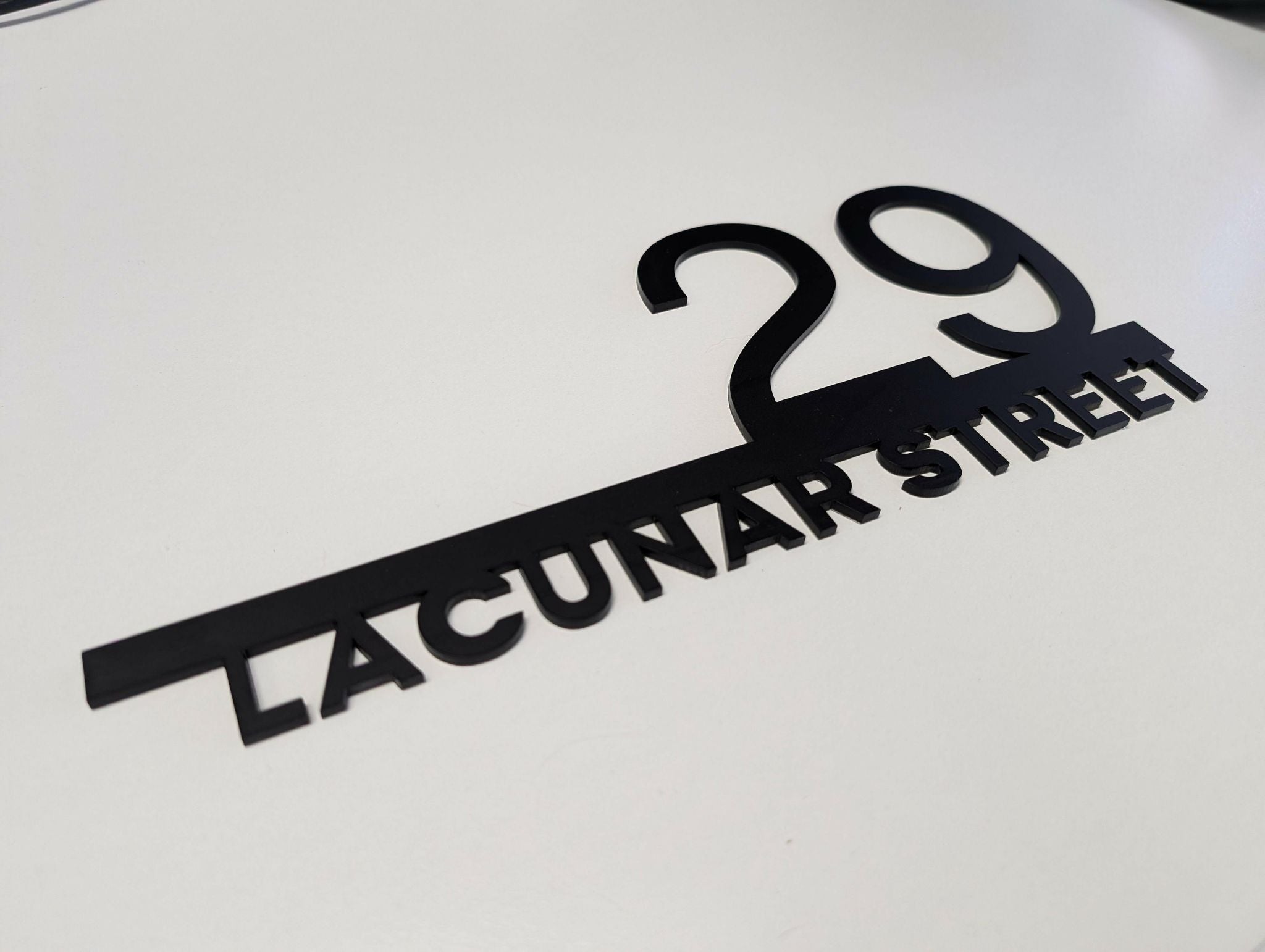 Custom modern floating house number plaque with black raised 29 and Lacunar Street text on white background